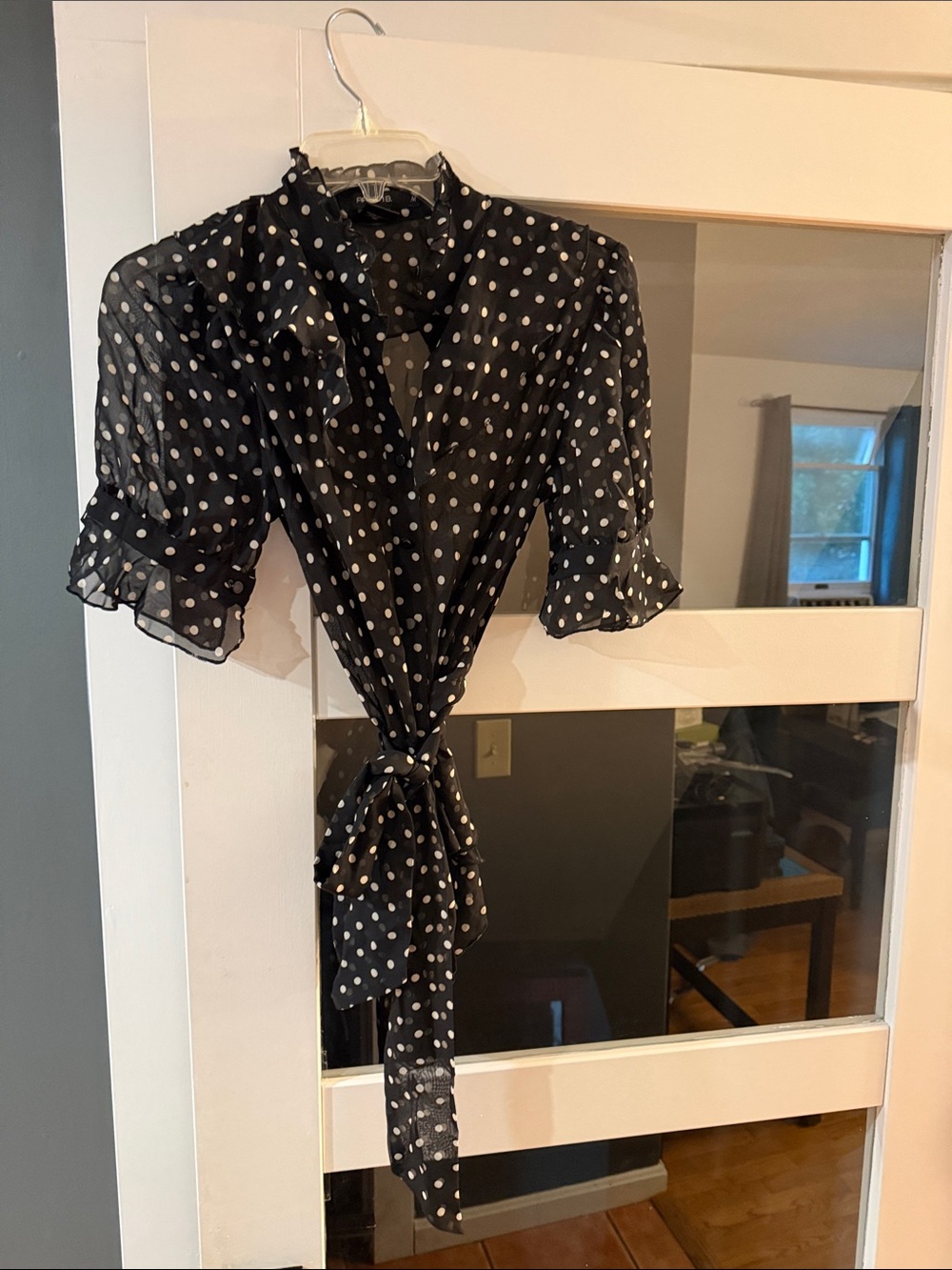 Arden B Black and White Polka Dot Tie-Front Blouse